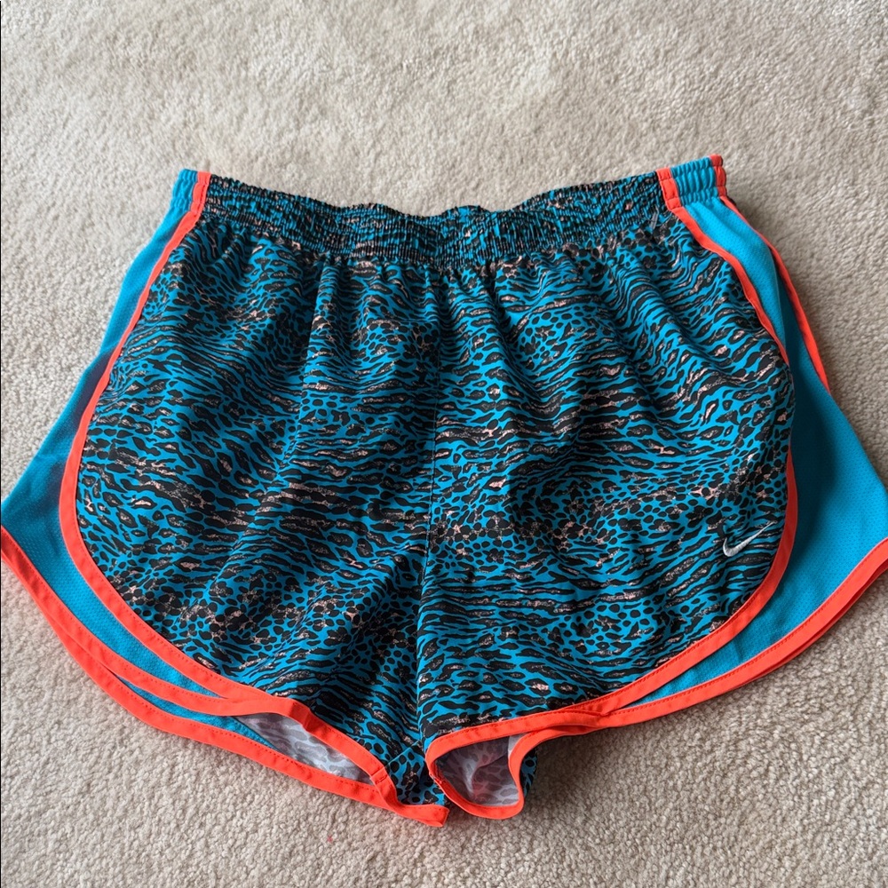Nike Teal Athletic Shorts with Coral Trim and Black Leopard Print